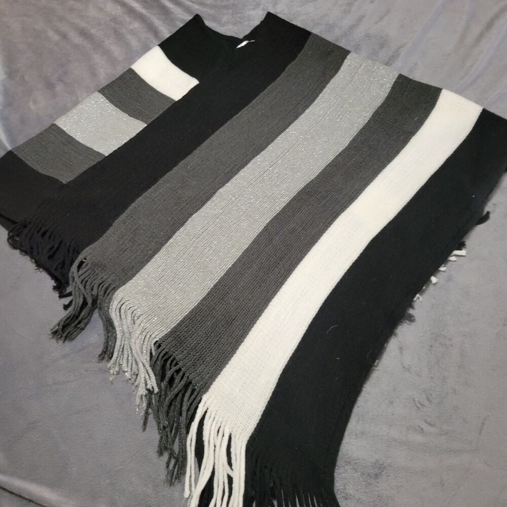 Janice Poncho Womens Medium Black White Striped One Size Shirt Square Fringe Top